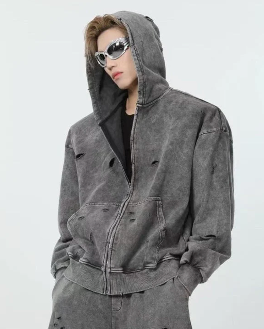 Sudadera con capucha y cremallera, estilo desgastado y lavado