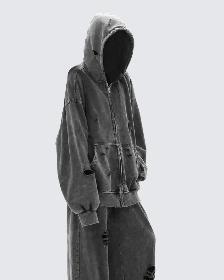 Sudadera con capucha y cremallera, estilo desgastado y lavado