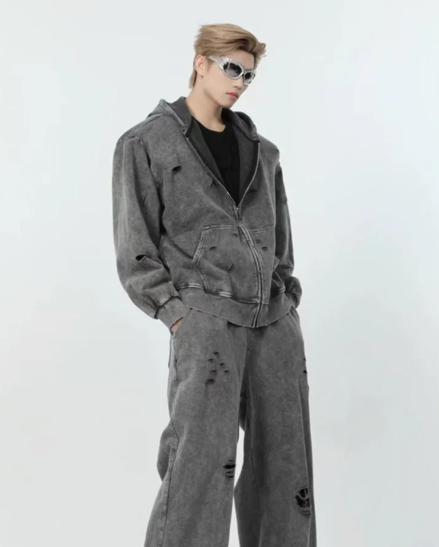 Sudadera con capucha y cremallera, estilo desgastado y lavado